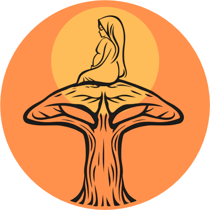 Jango Rewɓe logo: a pregnant woman sitting atop a baobab tree in front of the sun